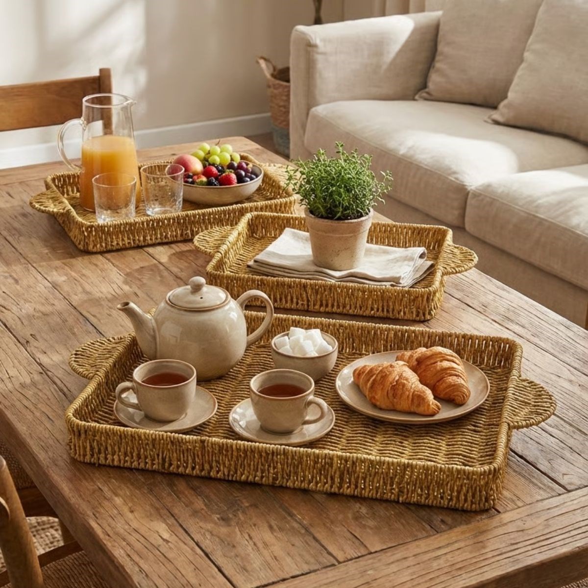 İç İçe Geçebilen 3’lü Dikdörtgen Plastik Rattan Tepsi Seti–Hasır Görünümlü Çok Amaçlı Servis ve Sunum Tepsileri (5563)