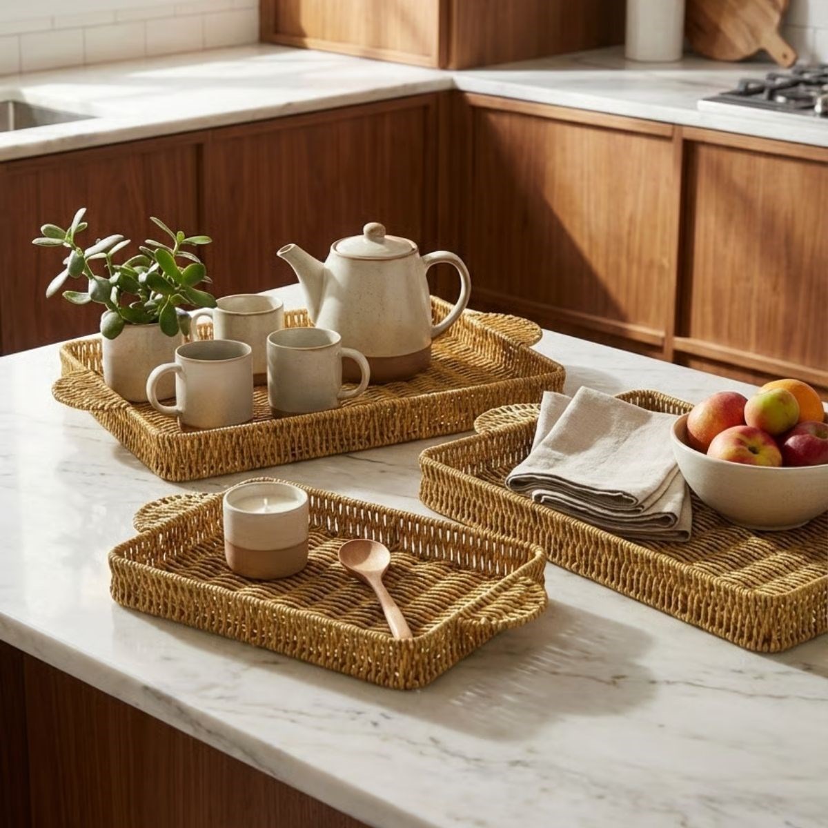 İç İçe Geçebilen 3’lü Dikdörtgen Plastik Rattan Tepsi Seti–Hasır Görünümlü Çok Amaçlı Servis ve Sunum Tepsileri (5563) #2