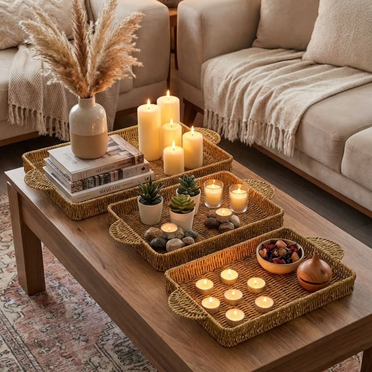 İç İçe Geçebilen 3’lü Dikdörtgen Plastik Rattan Tepsi Seti–Hasır Görünümlü Çok Amaçlı Servis ve Sunum Tepsileri (5563) #3