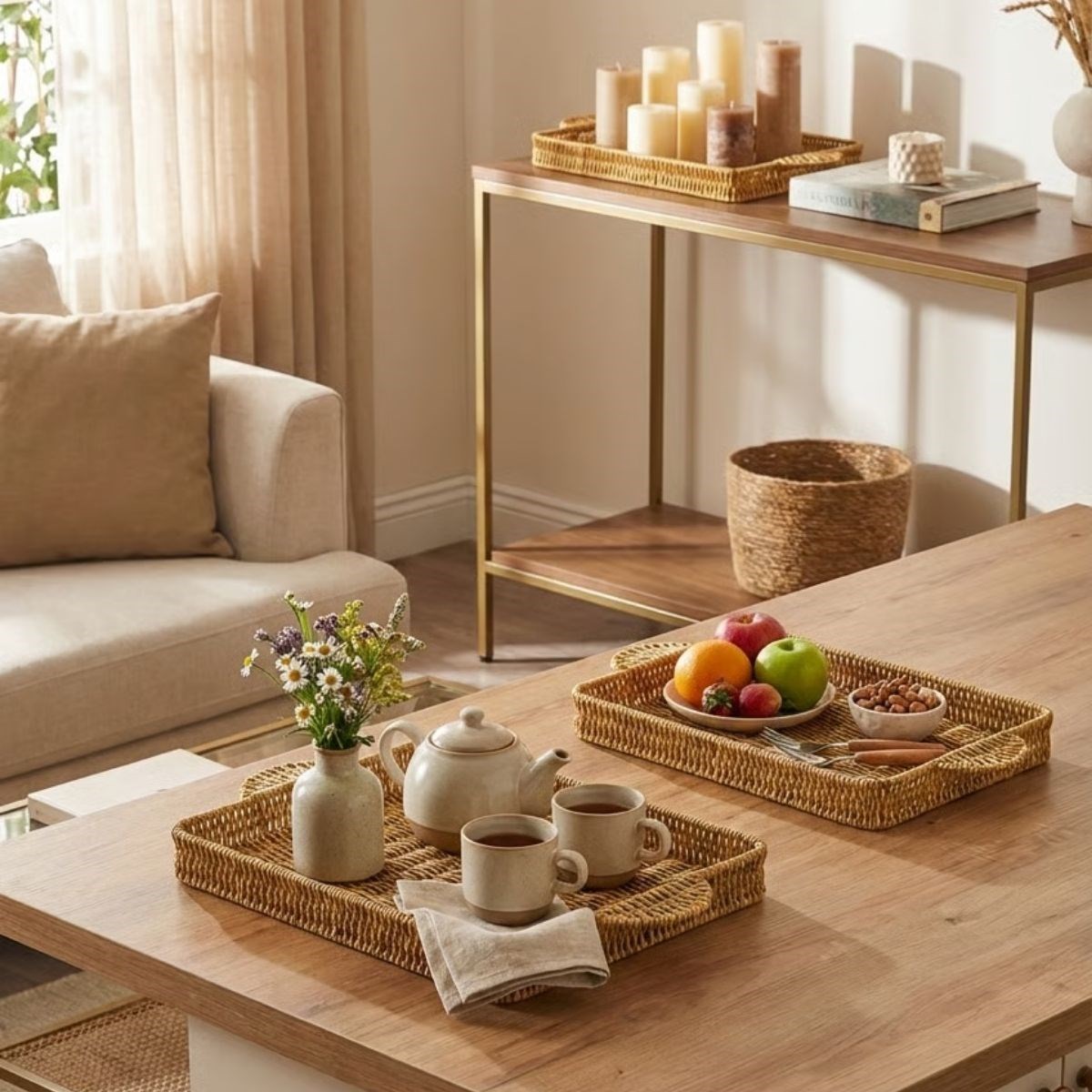 İç İçe Geçebilen 3’lü Dikdörtgen Plastik Rattan Tepsi Seti–Hasır Görünümlü Çok Amaçlı Servis ve Sunum Tepsileri (5563) #4