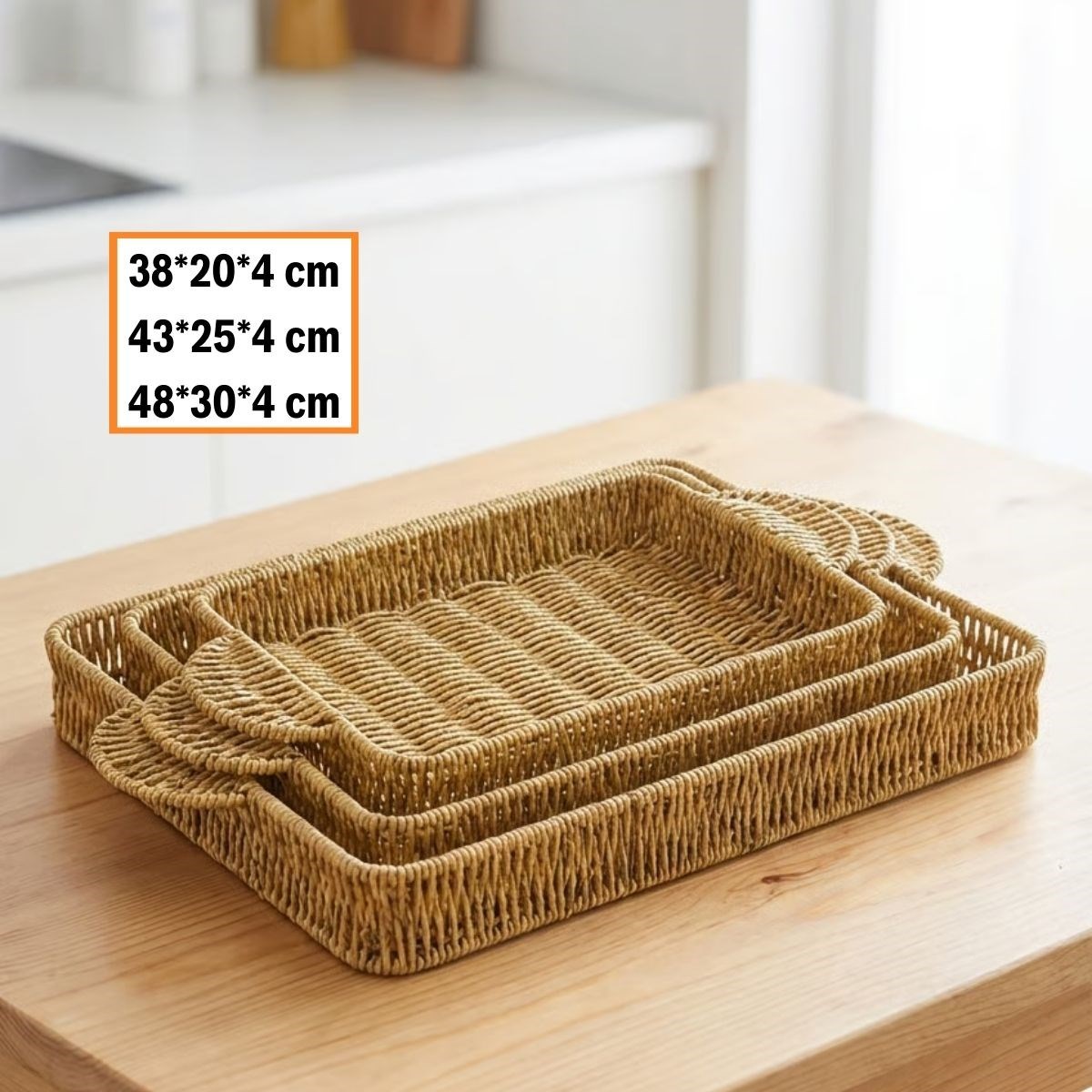 İç İçe Geçebilen 3’lü Dikdörtgen Plastik Rattan Tepsi Seti–Hasır Görünümlü Çok Amaçlı Servis ve Sunum Tepsileri (5563) #5