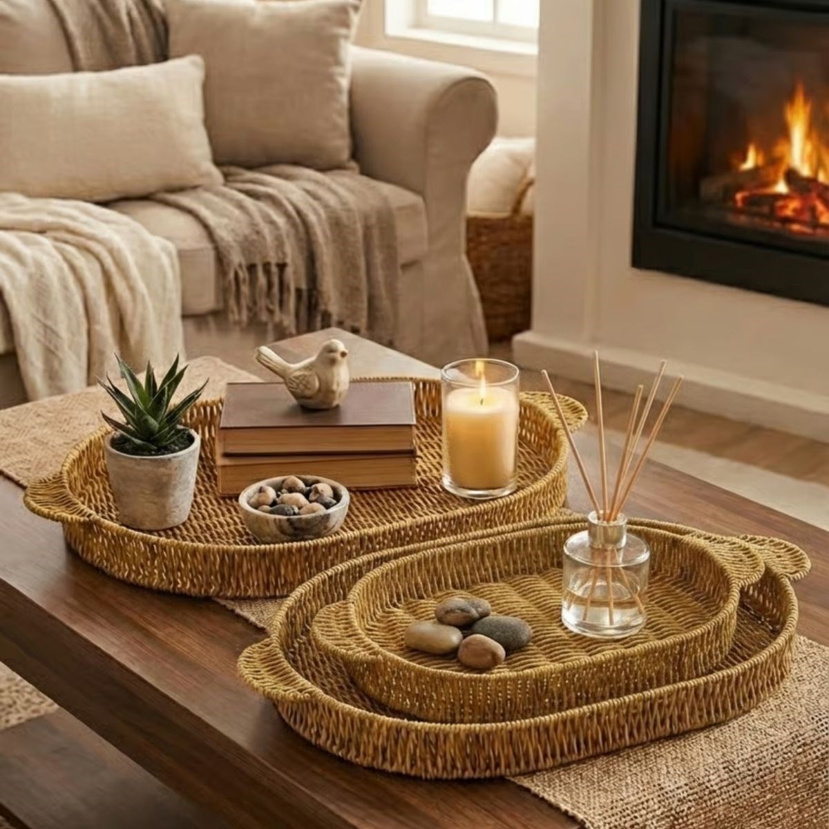 İç İçe Geçebilen 3’lü Oval Plastik Rattan Tepsi Seti–Hasır Görünümlü Çok Amaçlı Servis ve Sunum Tepsileri (5563)