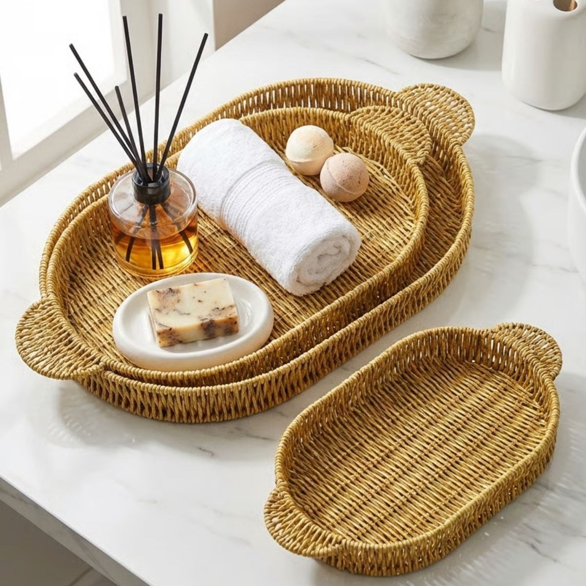 İç İçe Geçebilen 3’lü Oval Plastik Rattan Tepsi Seti–Hasır Görünümlü Çok Amaçlı Servis ve Sunum Tepsileri (5563) #2