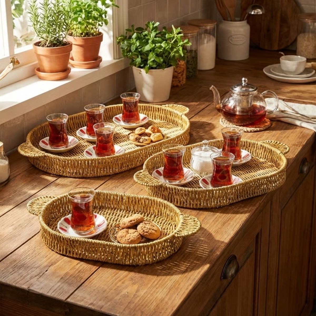 İç İçe Geçebilen 3’lü Oval Plastik Rattan Tepsi Seti–Hasır Görünümlü Çok Amaçlı Servis ve Sunum Tepsileri (5563) #3