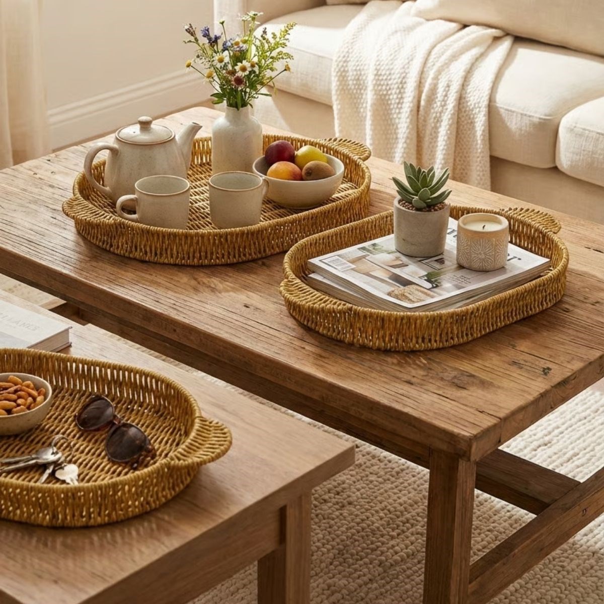 İç İçe Geçebilen 3’lü Oval Plastik Rattan Tepsi Seti–Hasır Görünümlü Çok Amaçlı Servis ve Sunum Tepsileri (5563) #4