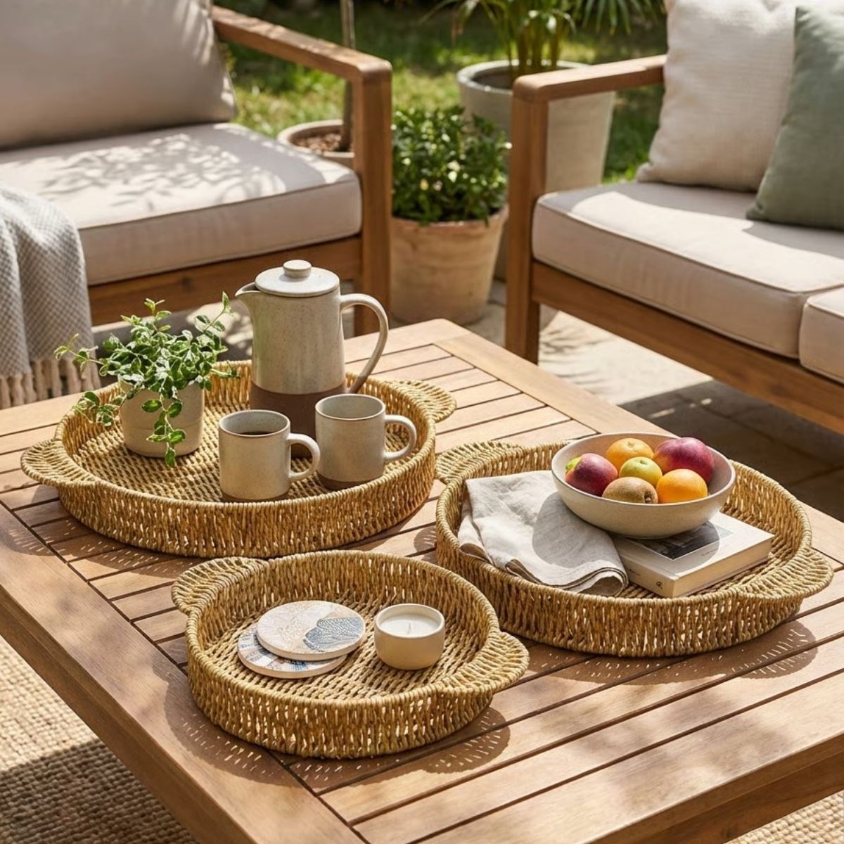 İç İçe Geçebilen 3’lü Yuvarlak Plastik Rattan Tepsi Seti–Hasır Görünümlü Çok Amaçlı Servis ve Sunum Tepsileri (5563) #2