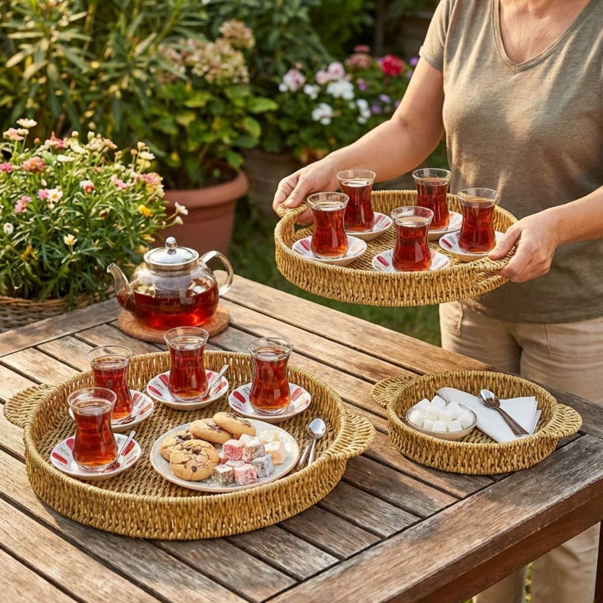 İç İçe Geçebilen 3’lü Yuvarlak Plastik Rattan Tepsi Seti–Hasır Görünümlü Çok Amaçlı Servis ve Sunum Tepsileri (5563) #3