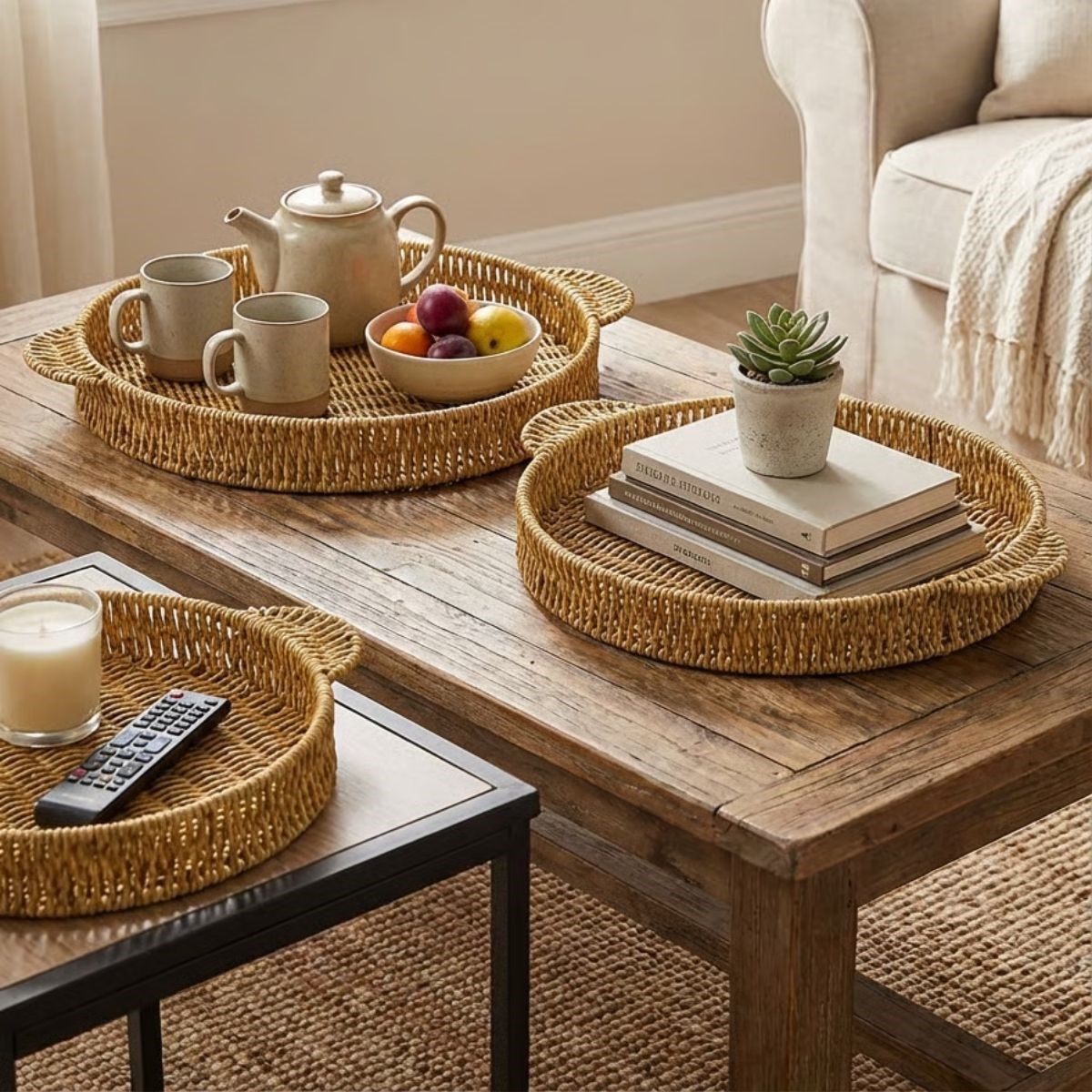 İç İçe Geçebilen 3’lü Yuvarlak Plastik Rattan Tepsi Seti–Hasır Görünümlü Çok Amaçlı Servis ve Sunum Tepsileri (5563) #4