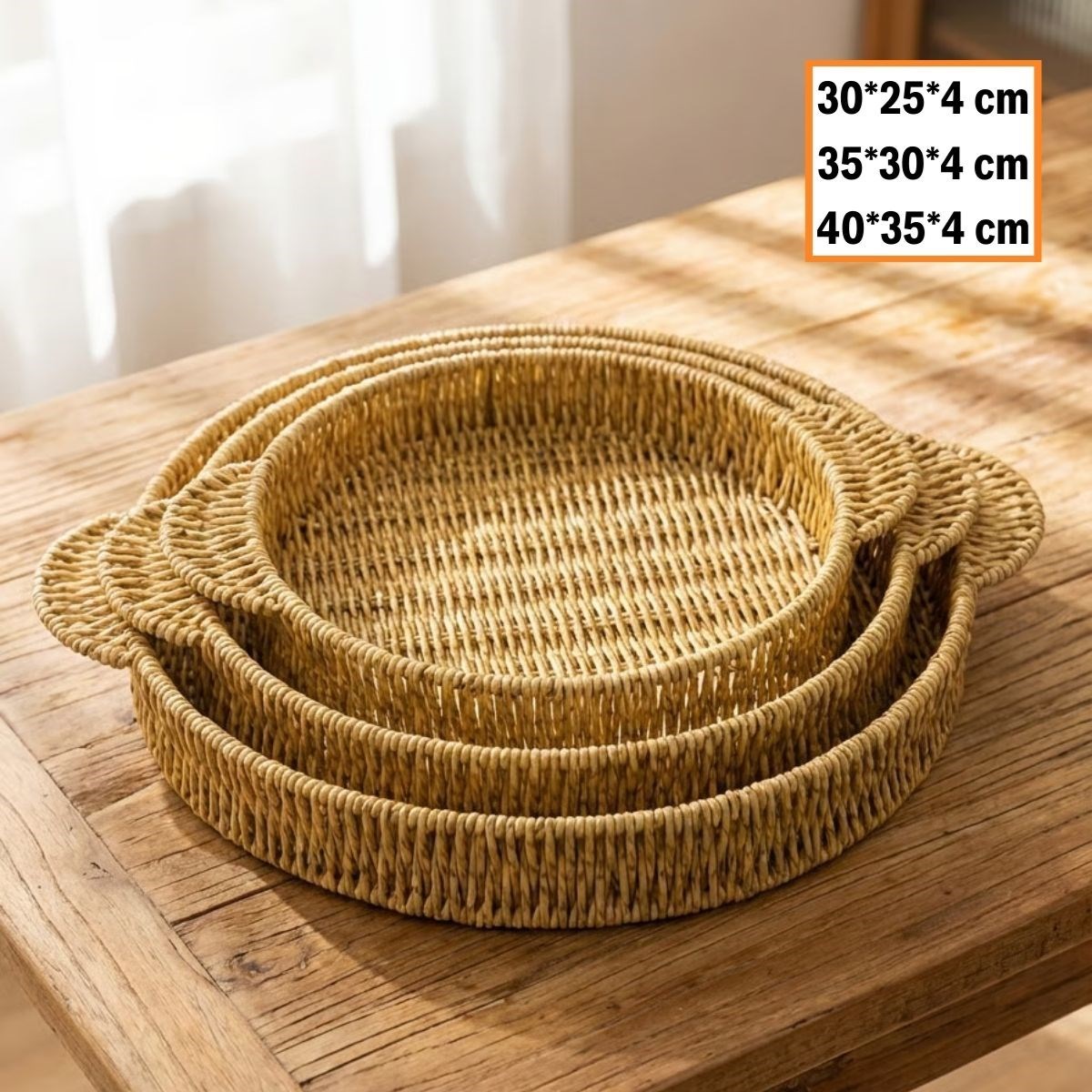 İç İçe Geçebilen 3’lü Yuvarlak Plastik Rattan Tepsi Seti–Hasır Görünümlü Çok Amaçlı Servis ve Sunum Tepsileri (5563) #5