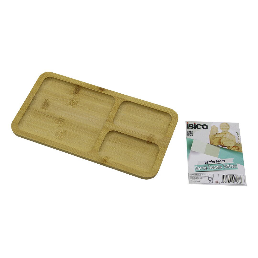 DİKDÖRTGEN 3 BÖLMELİ=2+1 AHŞAP BAMBU SERVİS SUNUM TEPSİ - TAHTASI 24.8 X 13.8 X 1.4CM (5563) #2