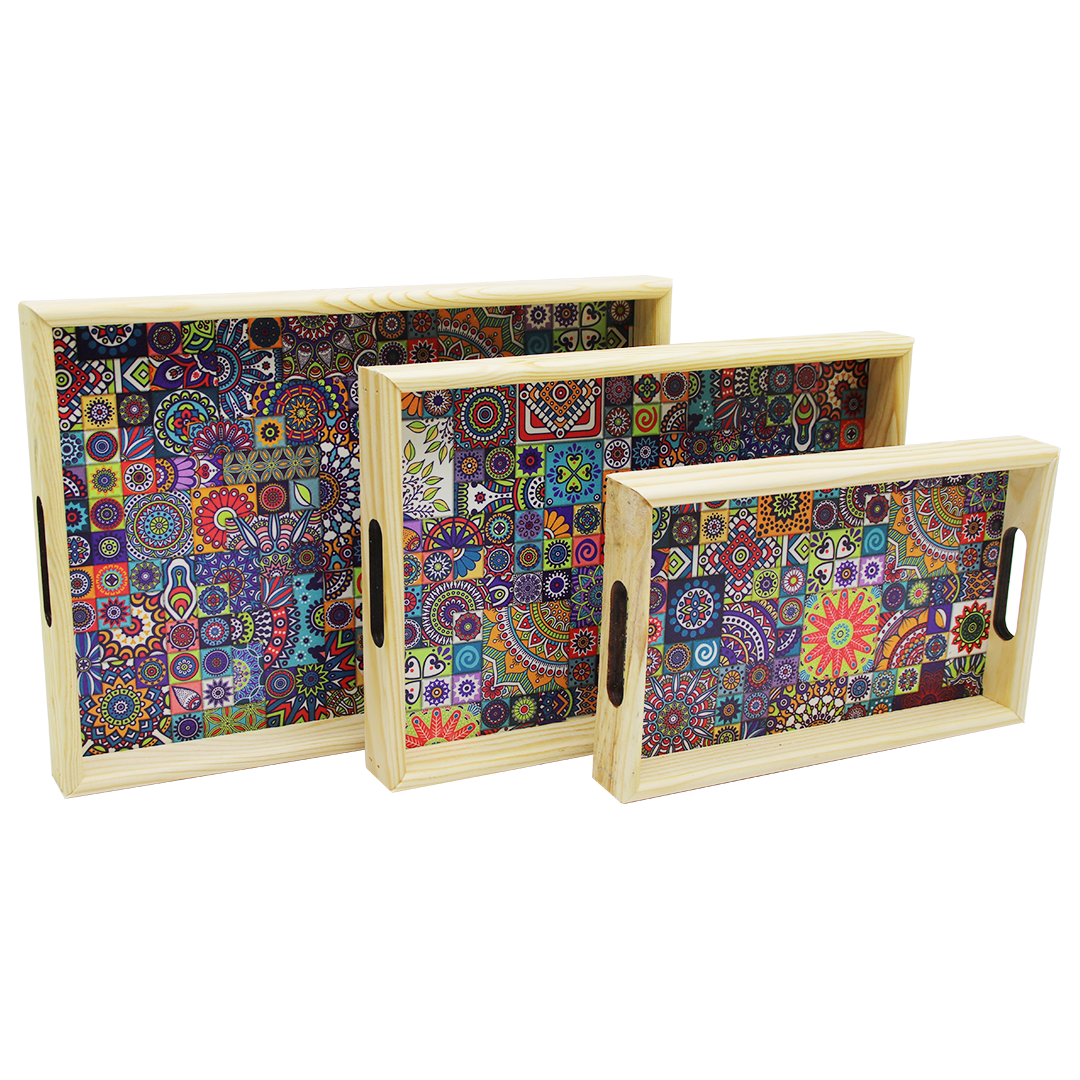 3-Piece Wooden Tray Set Patterned Base 16x26 - 21x31 - 24x34