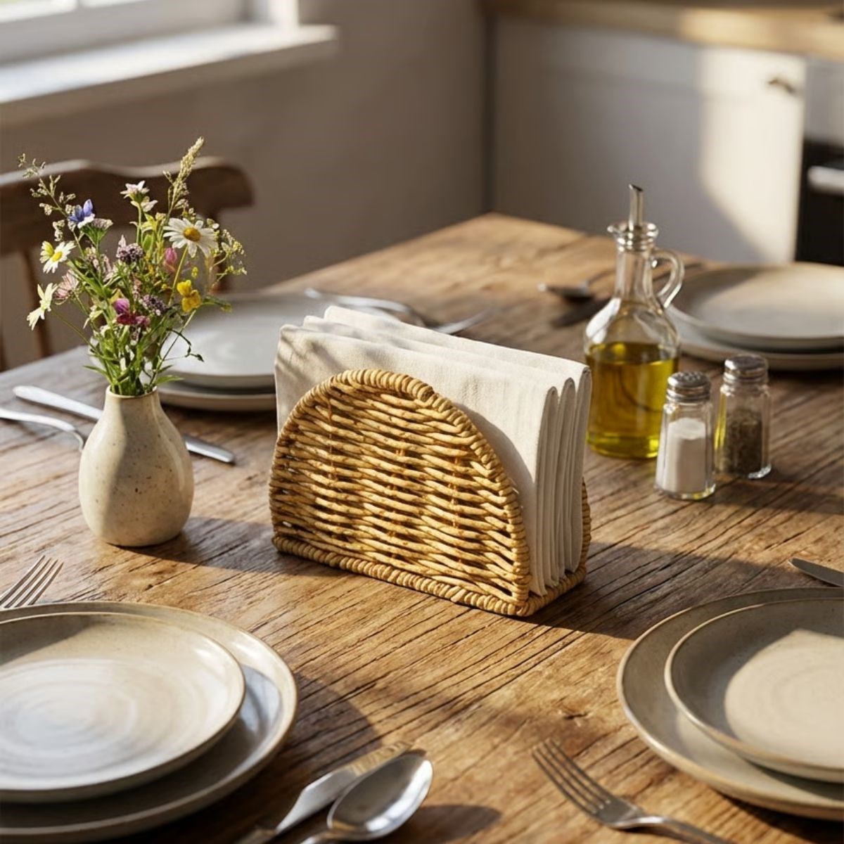 Dekoratif Plastik Rattan Yarım Yuvarlak Peçetelik–Doğal Hasır Dokulu Masaüstü Peçete Standı (5563) #4