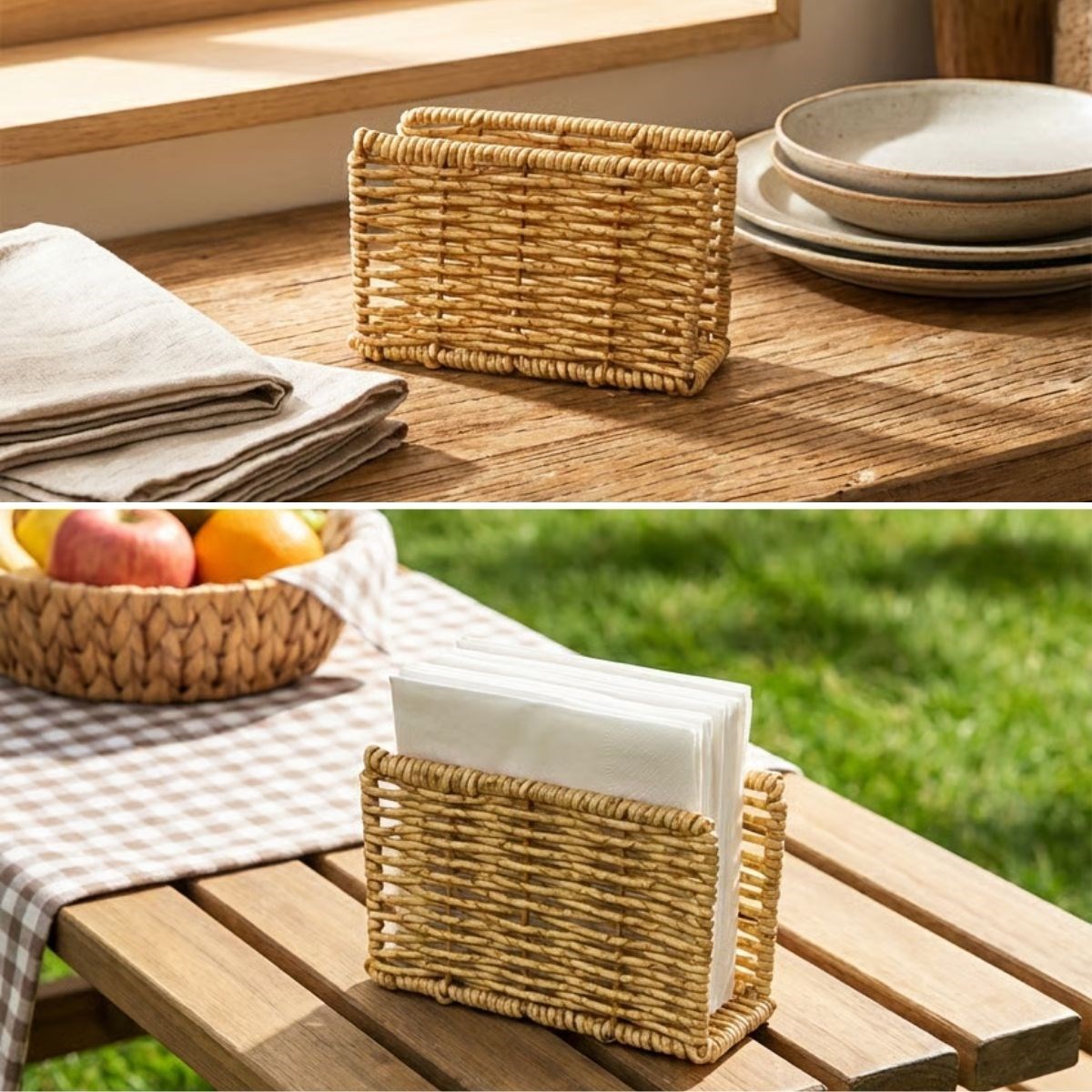 Dekorativer Kunststoff-Rattan Rechteck Servietten halter – Natürliche Flechtoptik Tischständer (5563) #2