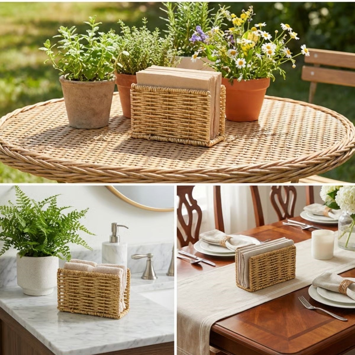 Dekorativer Kunststoff-Rattan Rechteck Servietten halter – Natürliche Flechtoptik Tischständer (5563) #3