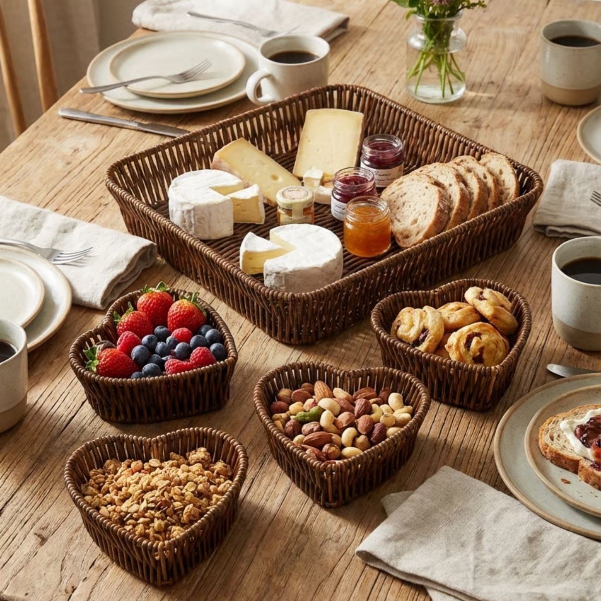 5 Parça,4 Kalp Formlu Plastik Rattan Sunum ve Kahvaltı Seti-Bölmeli Çerezlik ve Meyvelik-Doğal Hasır Görünümlü Tepsi ve Sunum Tabakları (5563) #2
