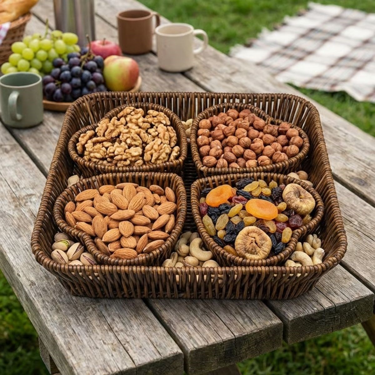 5 Parça,4 Kalp Formlu Plastik Rattan Sunum ve Kahvaltı Seti-Bölmeli Çerezlik ve Meyvelik-Doğal Hasır Görünümlü Tepsi ve Sunum Tabakları (5563) #3