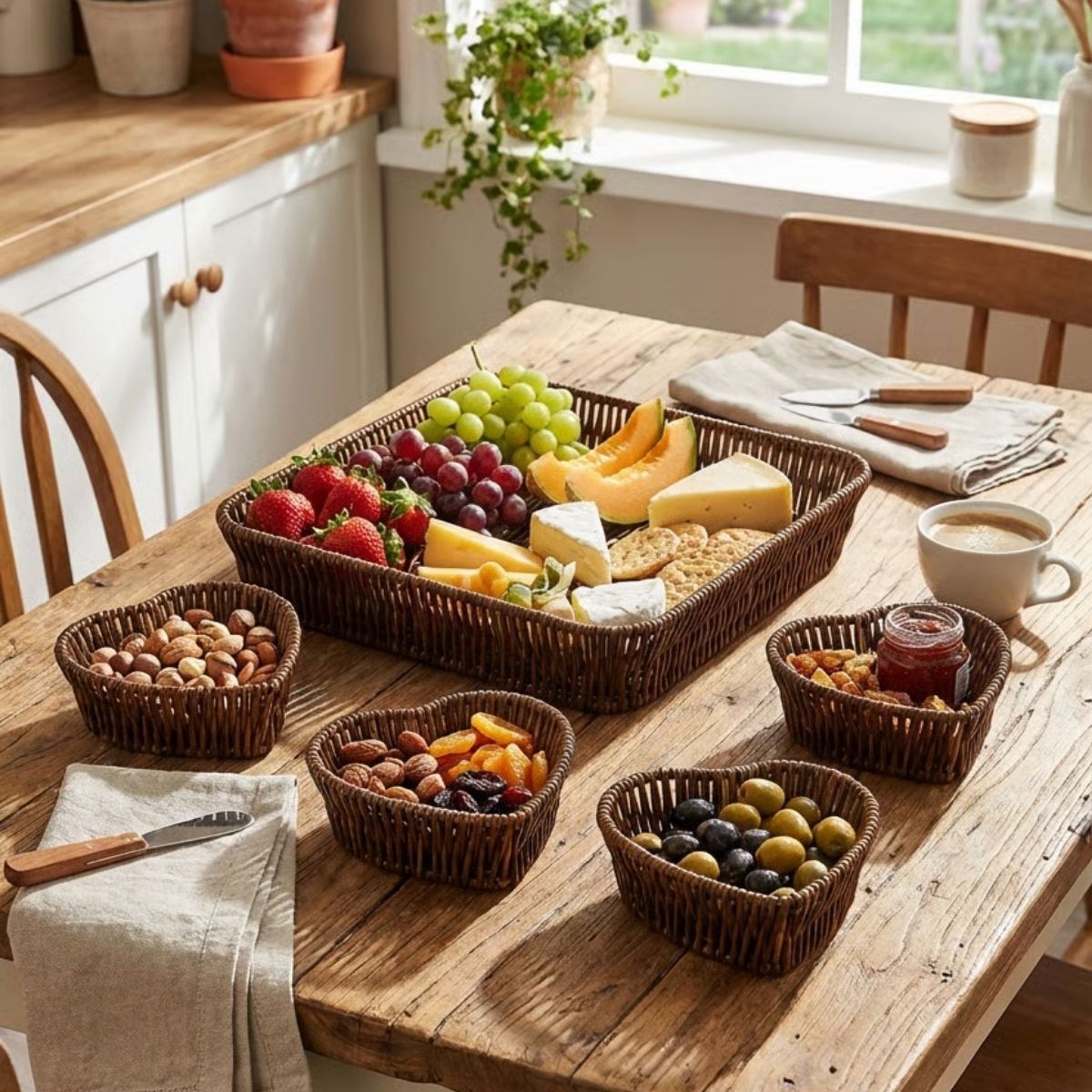 5 Parça,4 Kalp Formlu Plastik Rattan Sunum ve Kahvaltı Seti-Bölmeli Çerezlik ve Meyvelik-Doğal Hasır Görünümlü Tepsi ve Sunum Tabakları (5563) #4