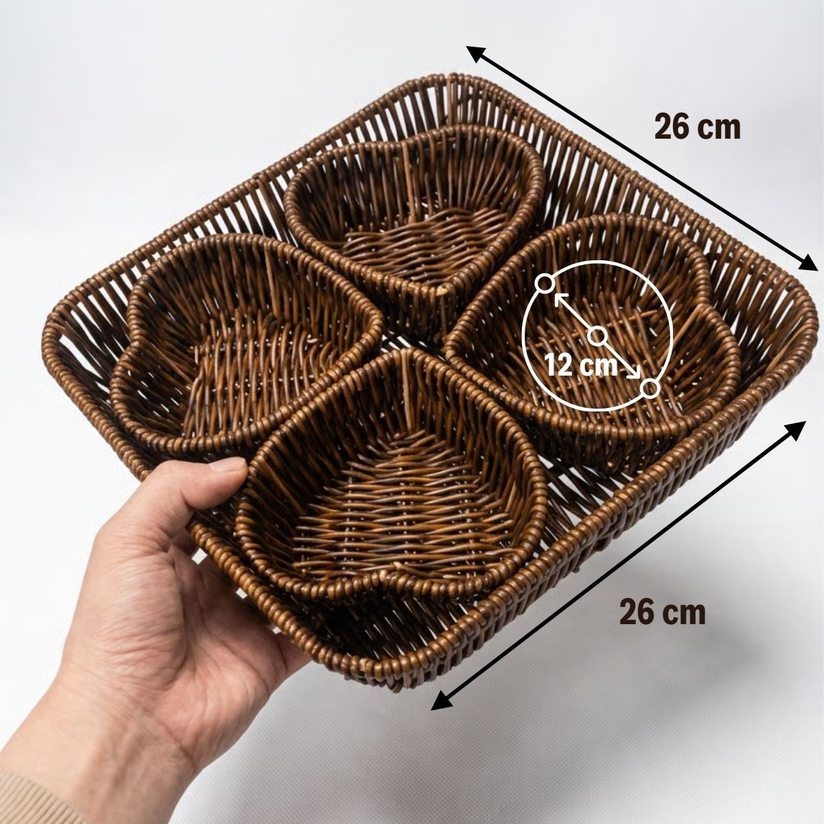 5 Parça,4 Kalp Formlu Plastik Rattan Sunum ve Kahvaltı Seti-Bölmeli Çerezlik ve Meyvelik-Doğal Hasır Görünümlü Tepsi ve Sunum Tabakları (5563) #5