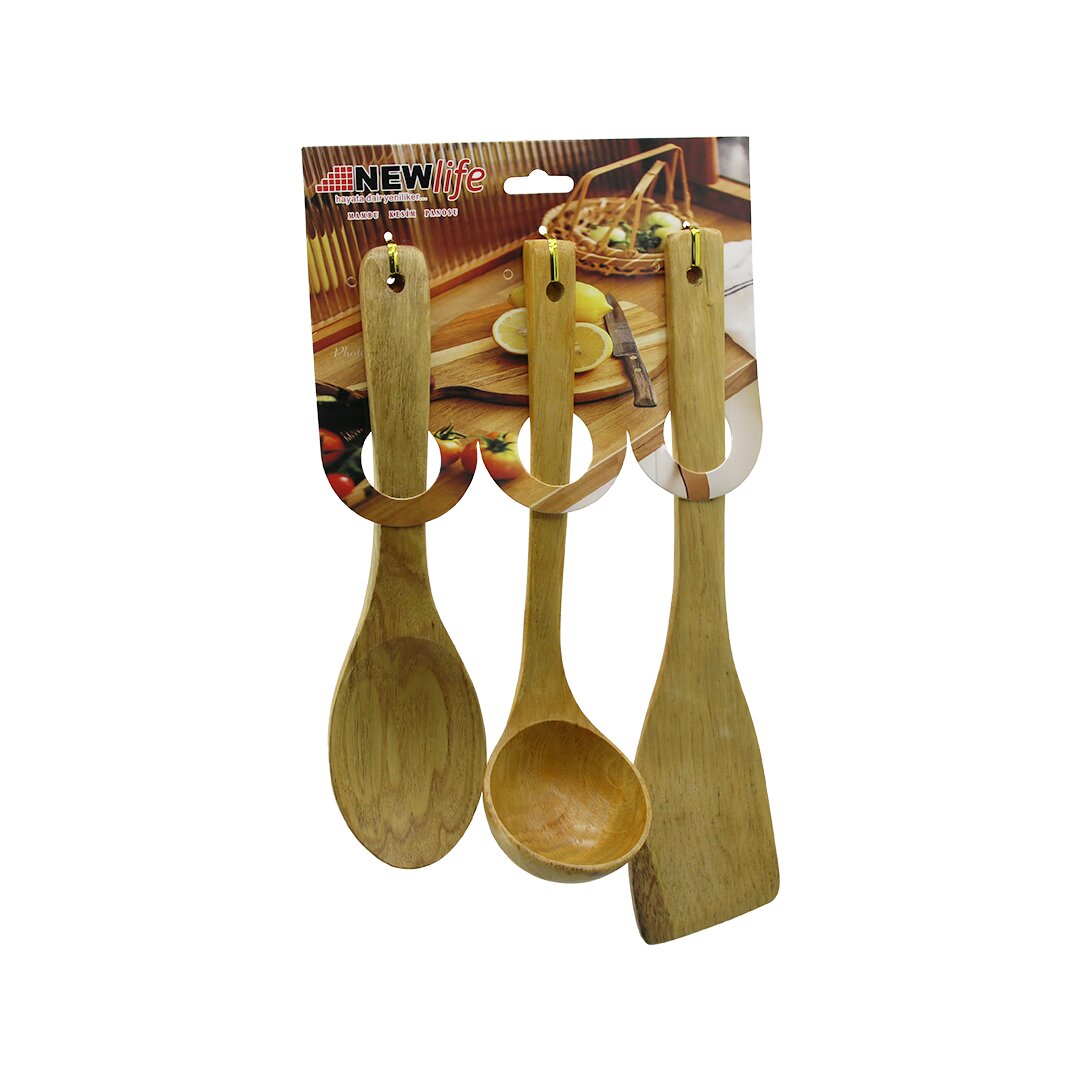 3PCS Wooden Bamboo Kitchen Serving Set Spoon=27CM - Ladle=27