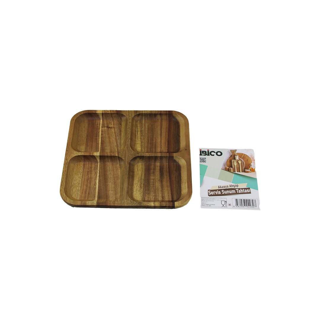 AKASYA KARE 4 BÖLMELİ  AHŞAP SERVİS SUNUM TEPSİ - TAHTASI  20 X 1.4CM (5563)