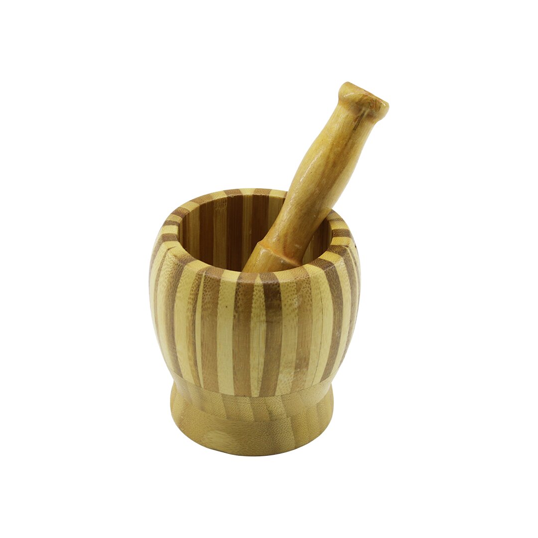 Bamboo Wood Garlic Mortar with Pestle - Striped Design 9.5x6