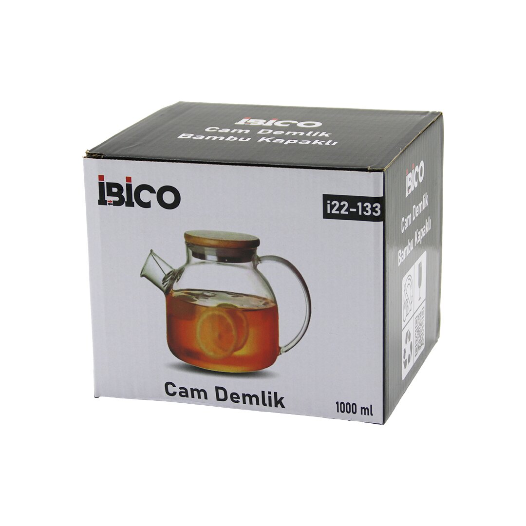 1000ML SADE DÜZ CAM DEMLİK  BAMBU DIŞ YÜZEY - METAL İÇ YÜZEY