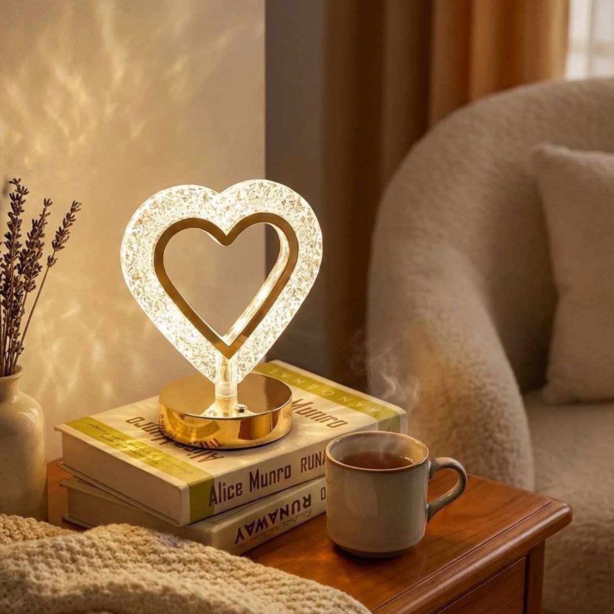 Kalp Şeklinde Kristal LED Masa Lambası – Dokunmatik, 3 Renk Işık Modlu, Şarjlı Mini Dekoratif Gece Lambası (5563)