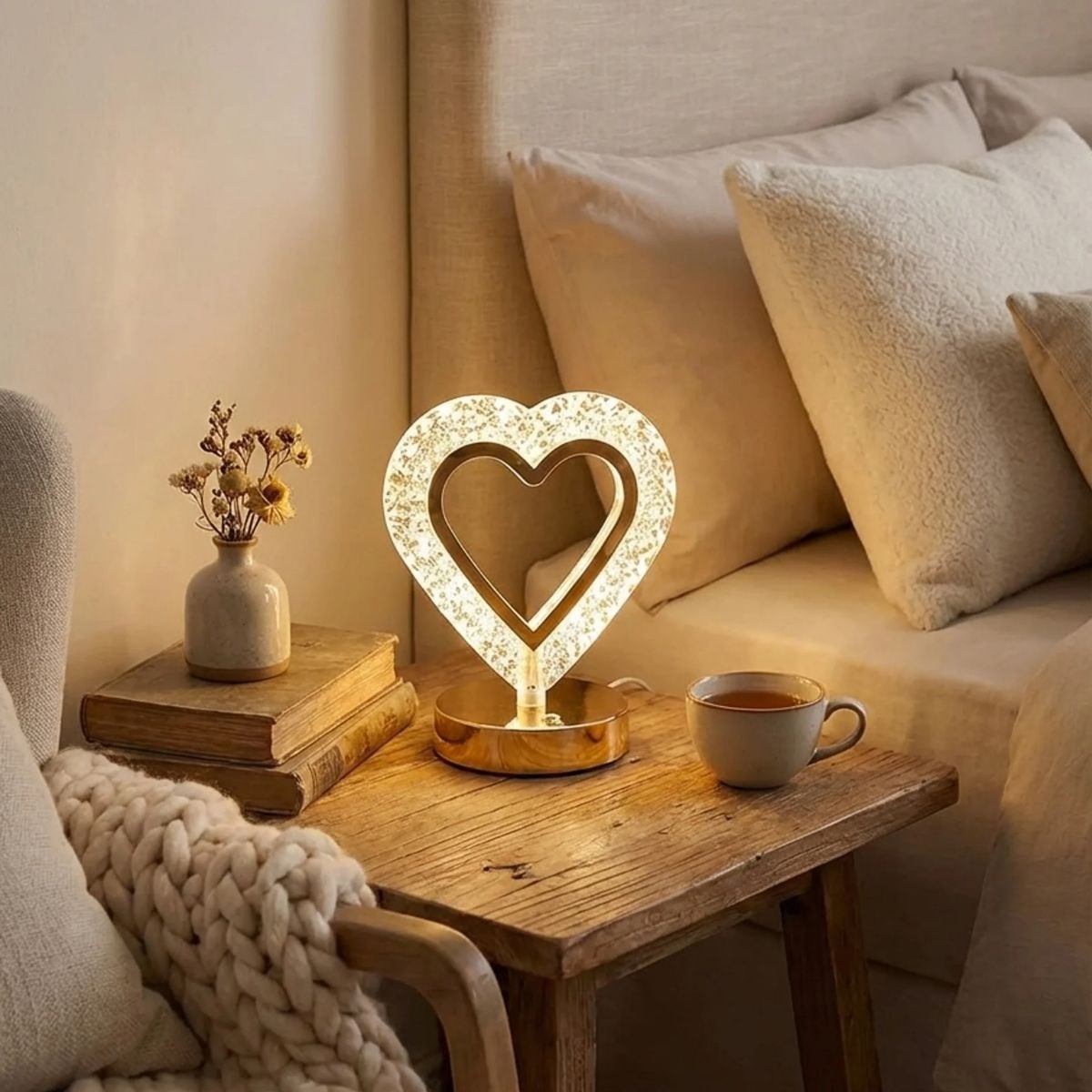 Kalp Şeklinde Kristal LED Masa Lambası – Dokunmatik, 3 Renk Işık Modlu, Şarjlı Mini Dekoratif Gece Lambası (5563) #3