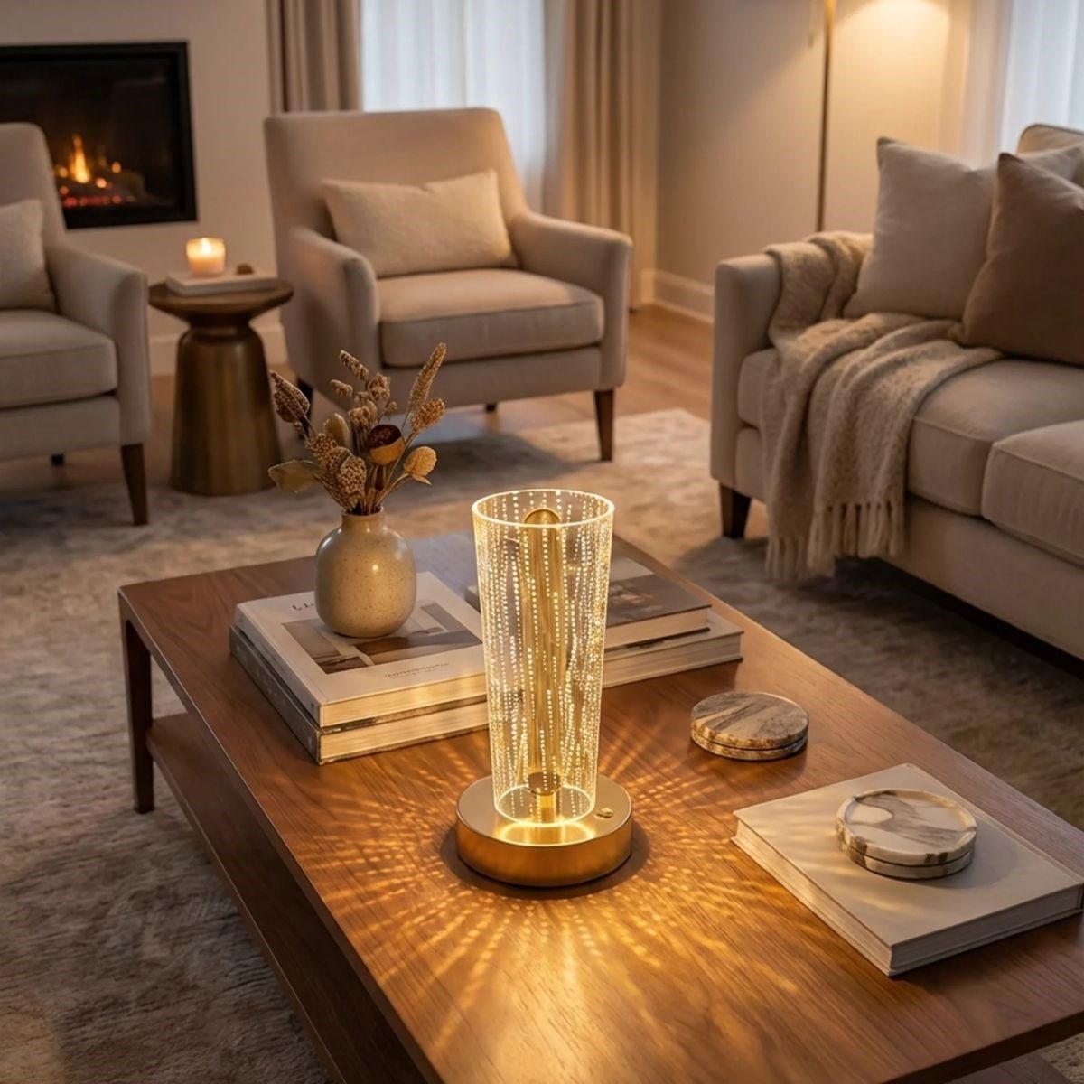 Zylindrische Kristall-Punkt-LED-Tischlampe – Gold-Basis, Touchscreen, 3-Farb-Lichtmodi, Aufladbar (5563) #2