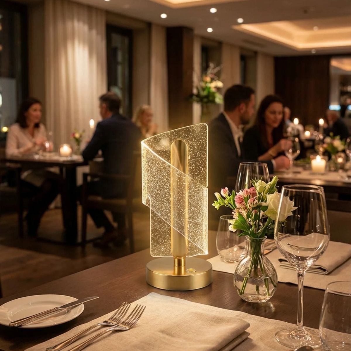 Çapraz Kavisli Kristal Simli LED Masa Lambası – Gold Gövdeli, Dokunmatik, 3 Kademe Işık Ayarlı Şarjlı Dekoratif Lamba (5563) #2