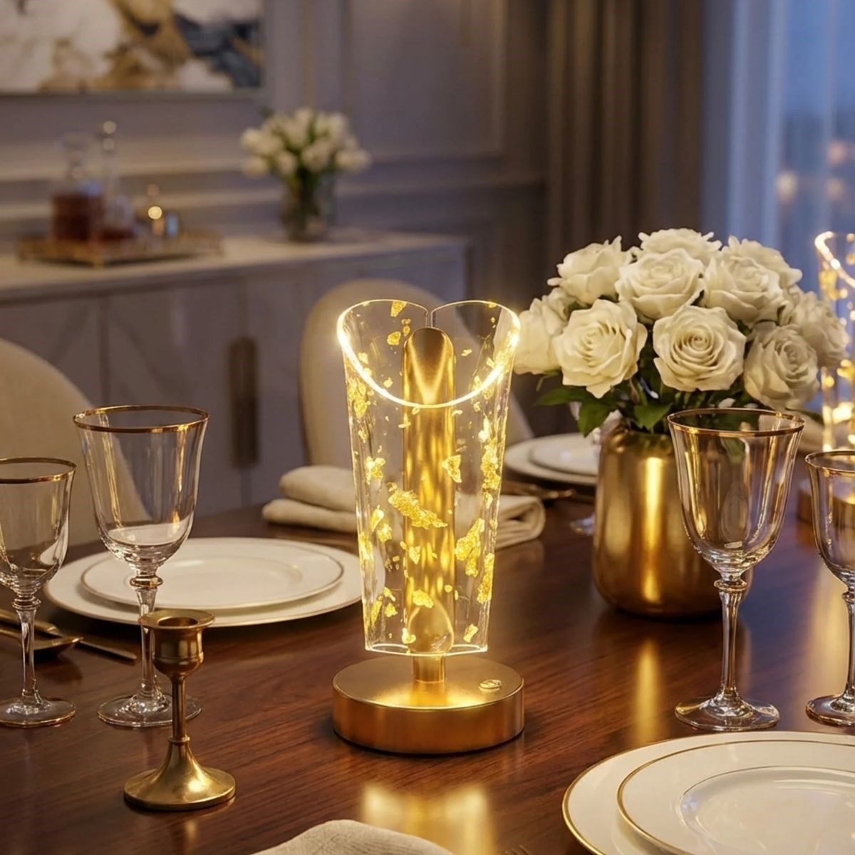 Açık Silindirik Kristal Altın Toz Model LED Masa Lambası – Gold Tabanlı, Dokunmatik, 3 Renk Işık Modlu, Şarjlı Modern Dekoratif Gece Lambası (5563) #2