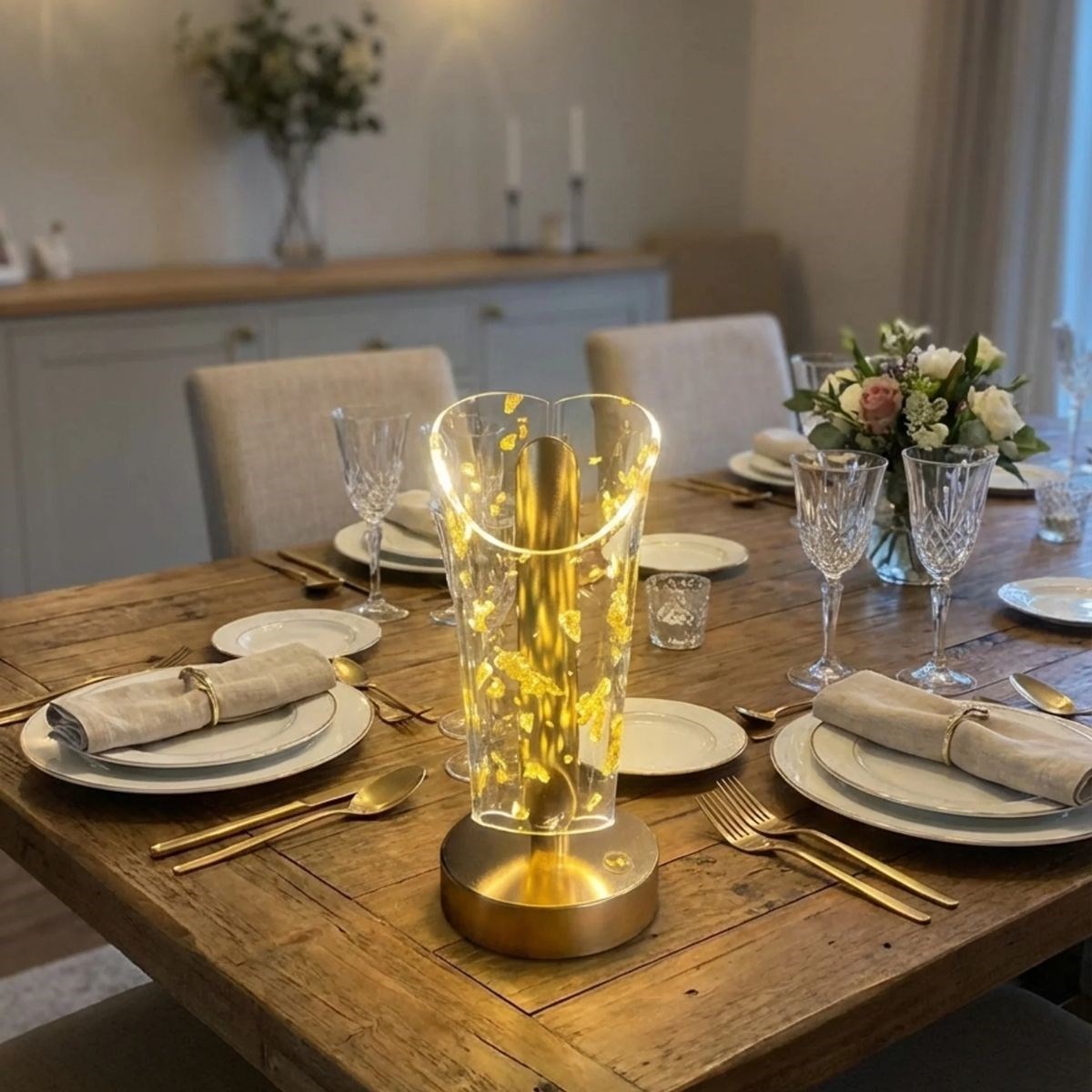 Açık Silindirik Kristal Altın Toz Model LED Masa Lambası – Gold Tabanlı, Dokunmatik, 3 Renk Işık Modlu, Şarjlı Modern Dekoratif Gece Lambası (5563) #4