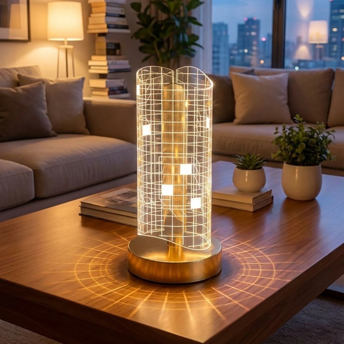 Dalgalı Silindirik Kristal Kareli Model LED Masa Lambası – Gold Tabanlı, Dokunmatik, 3 Renk Işık Modlu, Şarjlı Modern Dekoratif Gece Lambası (5563) #2