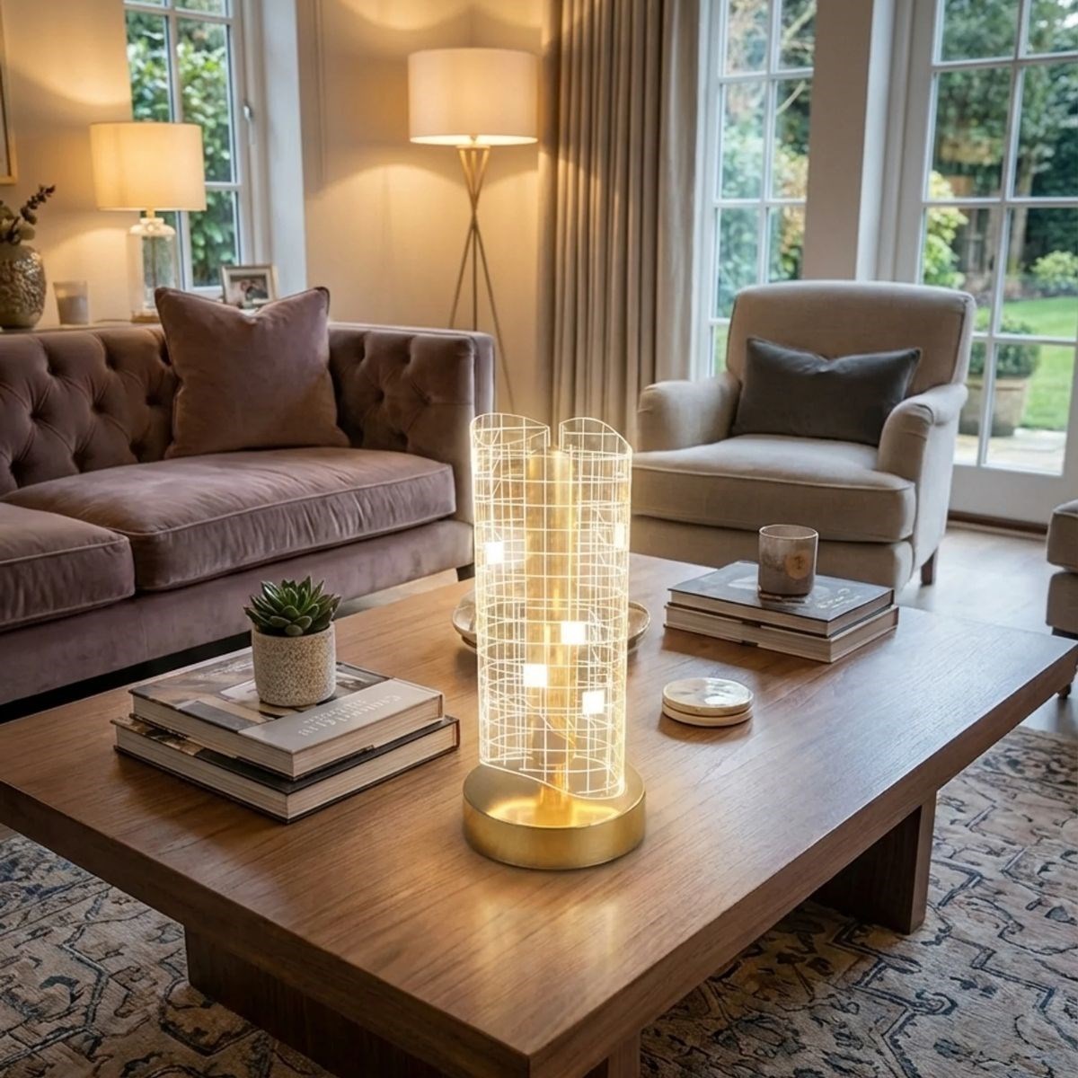 Dalgalı Silindirik Kristal Kareli Model LED Masa Lambası – Gold Tabanlı, Dokunmatik, 3 Renk Işık Modlu, Şarjlı Modern Dekoratif Gece Lambası (5563) #4