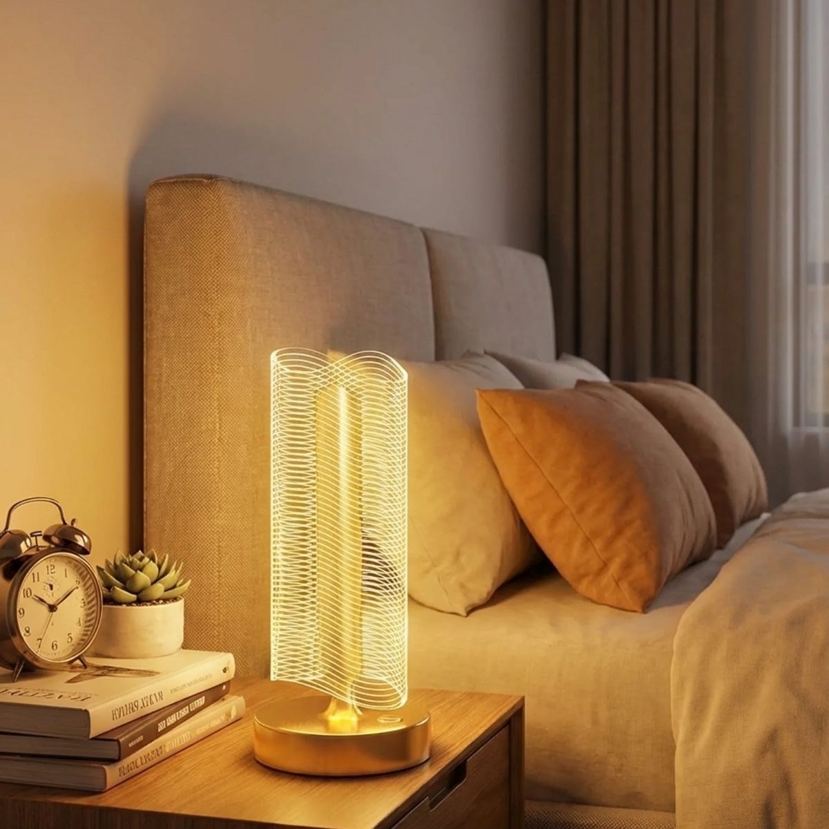 Gewellte zylindrische Kristall-Rillen LED Tischleuchte – Gold-Basis, Touchscreen, 3-Farben-Lichtmodus, aufladbar modernes dekoratives Nachtlicht (5563) #2