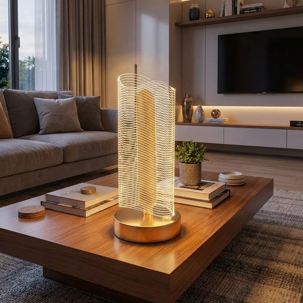 Gewellte zylindrische Kristall-Rillen LED Tischleuchte – Gold-Basis, Touchscreen, 3-Farben-Lichtmodus, aufladbar modernes dekoratives Nachtlicht (5563) #4