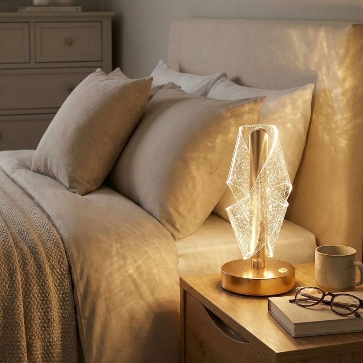 Çapraz Kavisli Ters Kristal Simli LED Masa Lambası – Gold Gö
