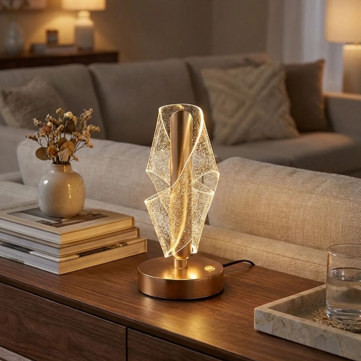 Çapraz Kavisli Ters Kristal Simli LED Masa Lambası – Gold Gövdeli, Dokunmatik, 3 Kademe Işık Ayarlı Şarjlı Dekoratif Lamba (5563) #2