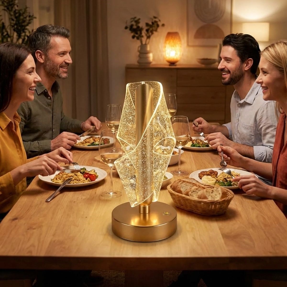 Çapraz Kavisli Ters Kristal Simli LED Masa Lambası – Gold Gövdeli, Dokunmatik, 3 Kademe Işık Ayarlı Şarjlı Dekoratif Lamba (5563) #3