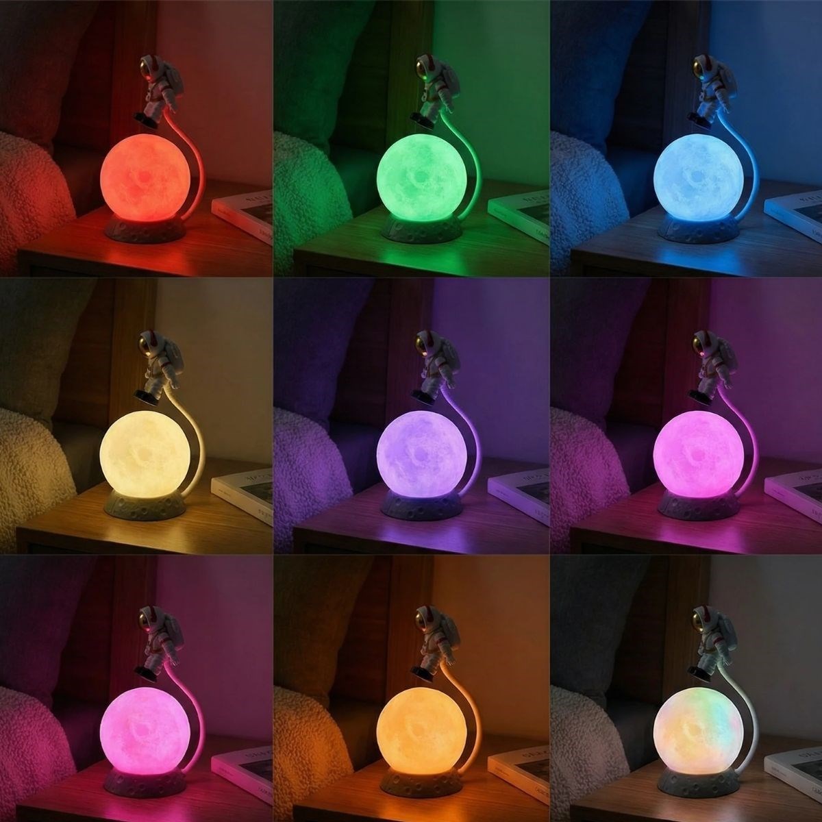 3D Ay Üzerinde Astronot LED Gece Lambası – Dokunmatik 10 Renk Değiştiren Dekoratif Çocuk Odası Masaüstü Ay Lambası (5563) #3