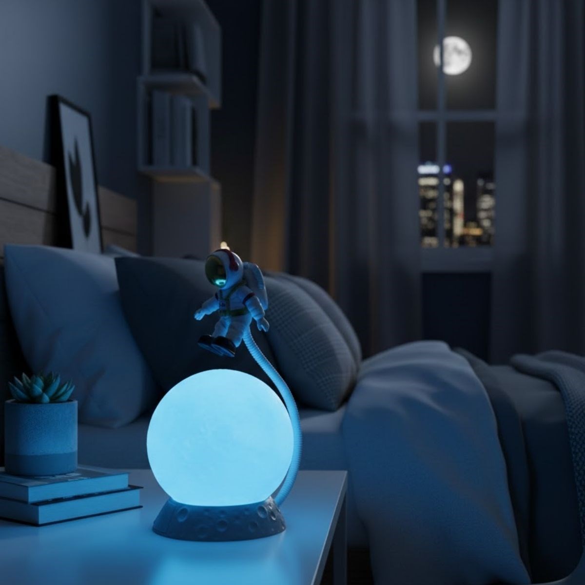 3D Ay Üzerinde Astronot LED Gece Lambası – Dokunmatik 10 Renk Değiştiren Dekoratif Çocuk Odası Masaüstü Ay Lambası (5563) #4