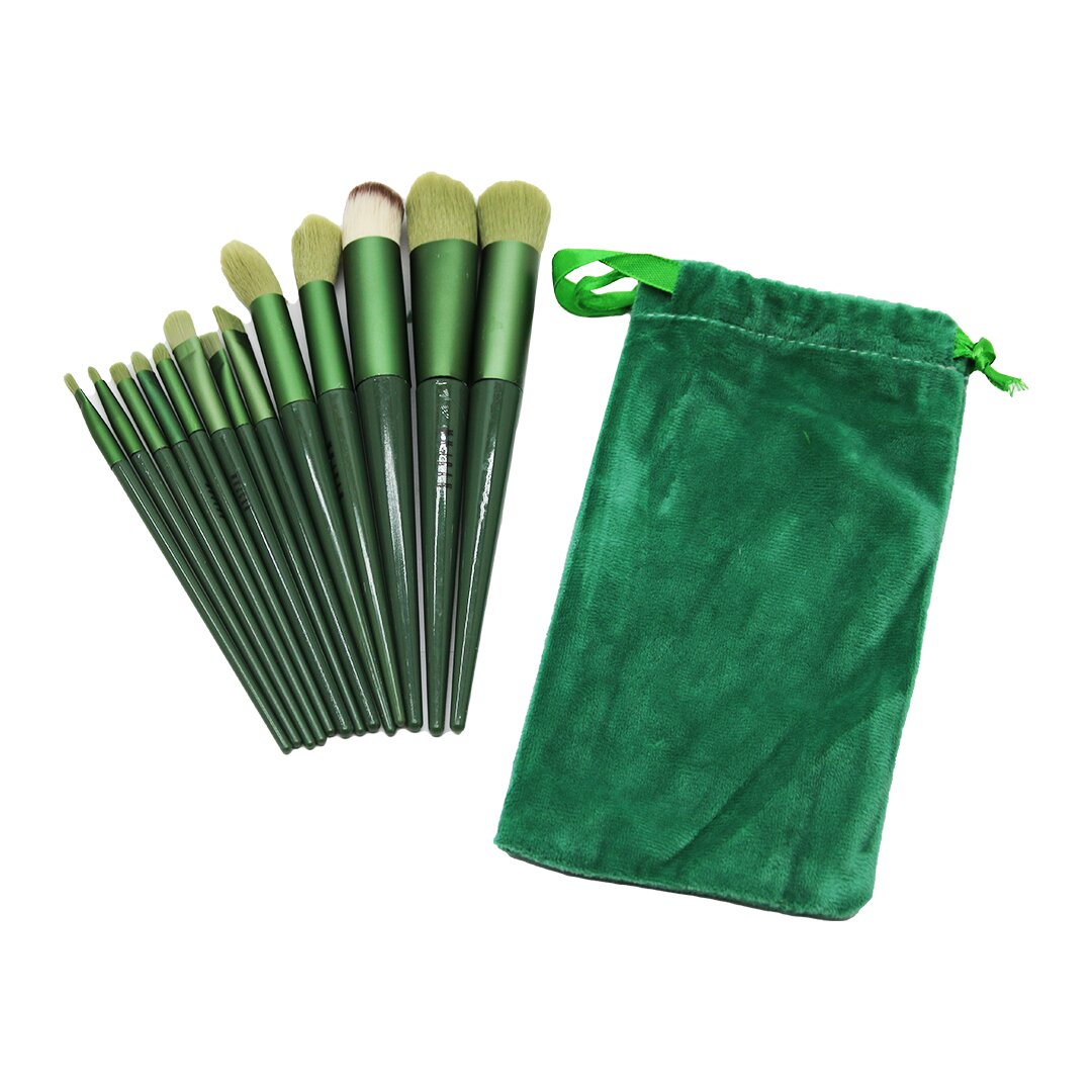 13er Make-up Pinsel Set mit grüner Samtbörse (5563)
