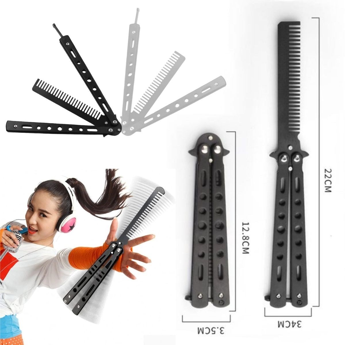 Siyah Katlanabilir Paslanmaz Çelik Kelebek Bıçak Tarak Sakal Bıyık Fırçası Profesyonel Saç Kesimi İçin Tarak (5563) #4