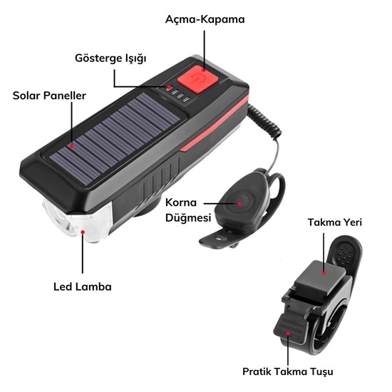 Solar USB Rechargeable LED Bike Light with Horn & Waterproof (5563) #3