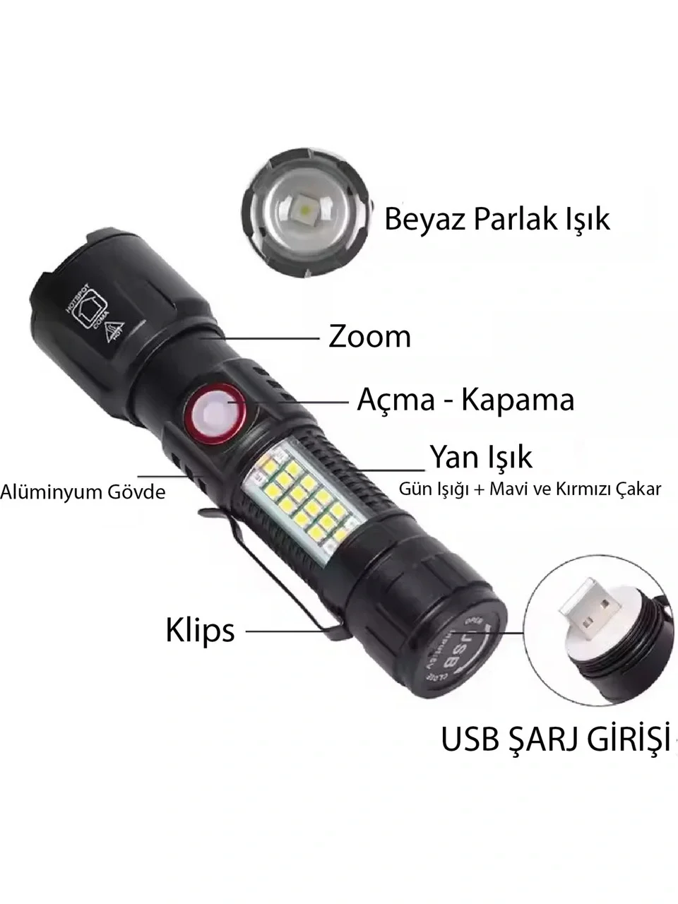 WS-2828 Ultra USB Şarjlı Polis El Feneri, Bekçi, Asker El Fe