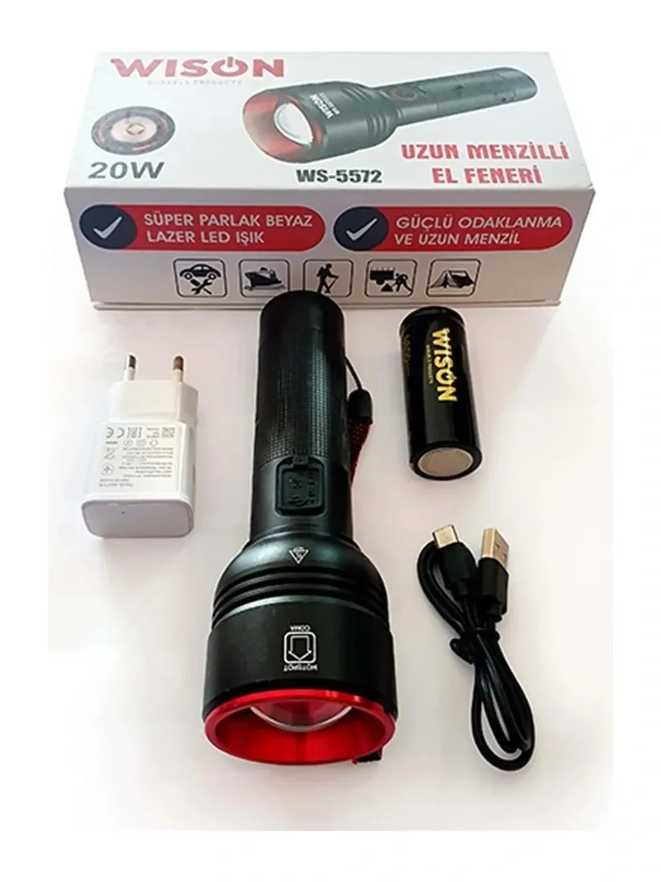 WISON WS-5572 20W Long-Range Rechargeable Metal Flashlight