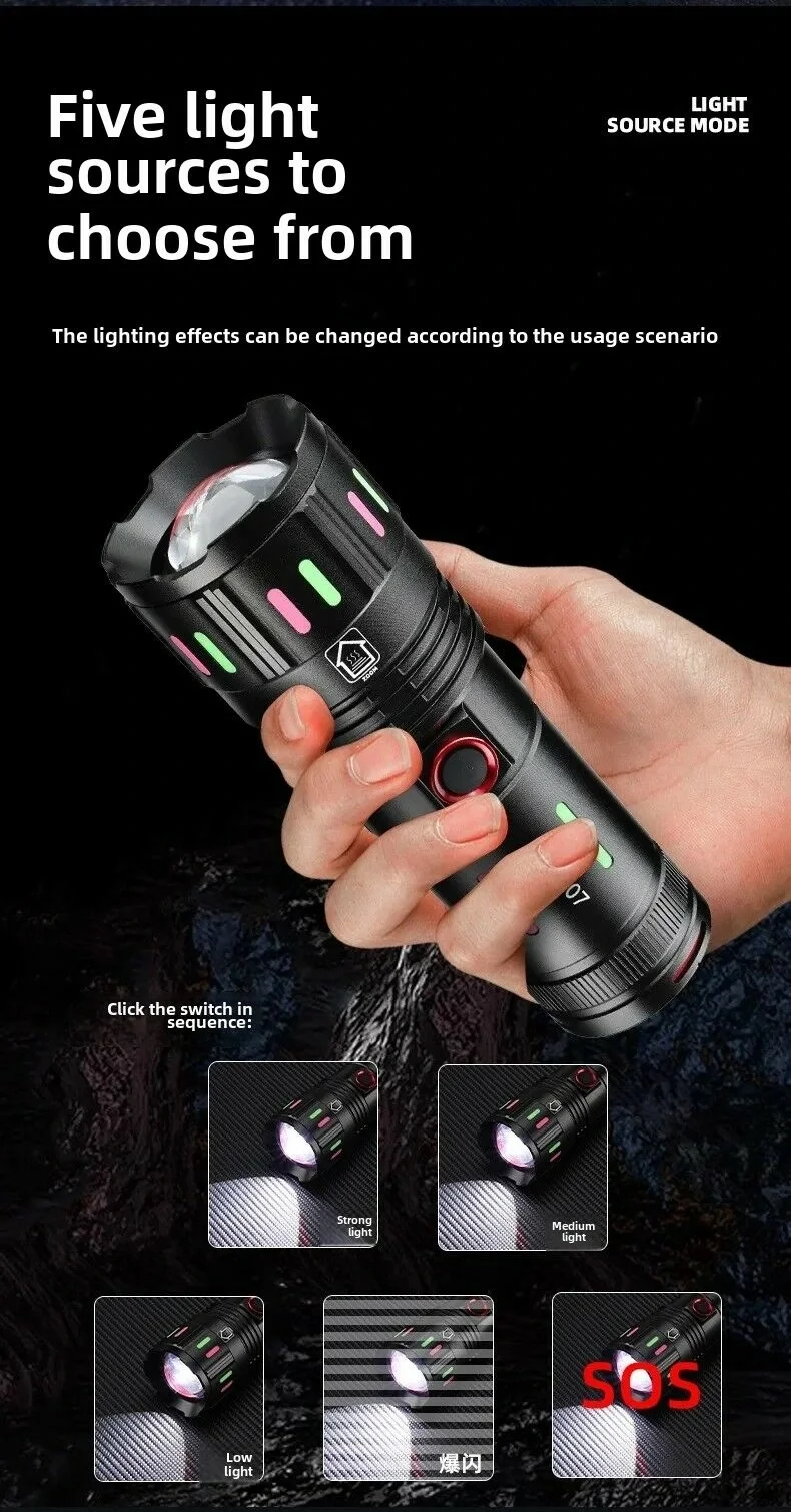 LED El Feneri 2000 Lümen USB Şarj Edilebilir Flash Işığı Yüksek Güçlü El Feneri Taktiksel Uzun Menzil El Lambası XA-B707 (5563) #4