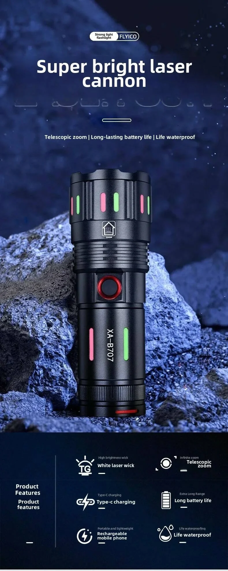 LED El Feneri 2000 Lümen USB Şarj Edilebilir Flash Işığı Yüksek Güçlü El Feneri Taktiksel Uzun Menzil El Lambası XA-B707 (5563) #5