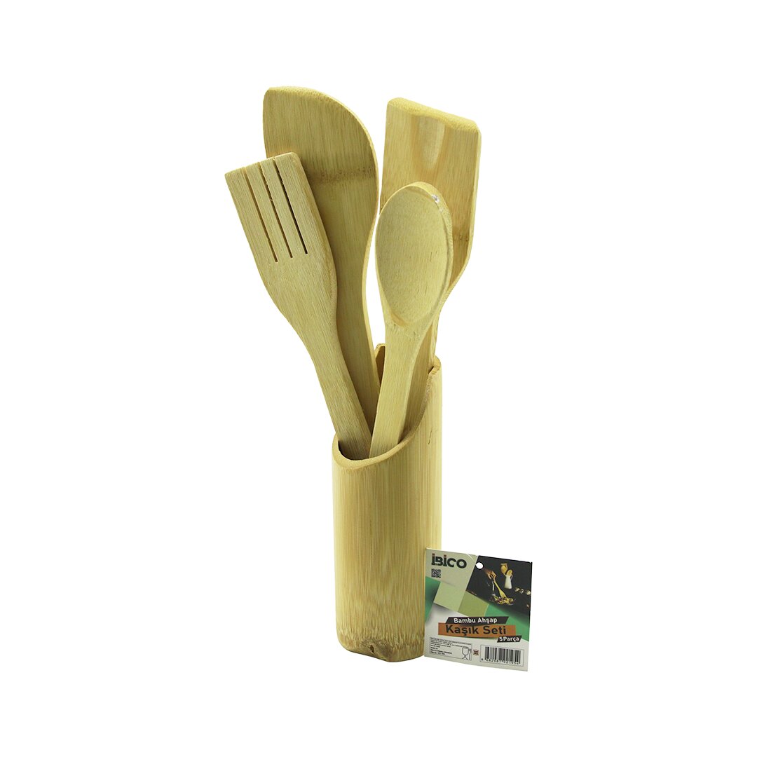 5-Piece Bamboo Wood Kitchen Set with Stand - Spoon, Fork, 2