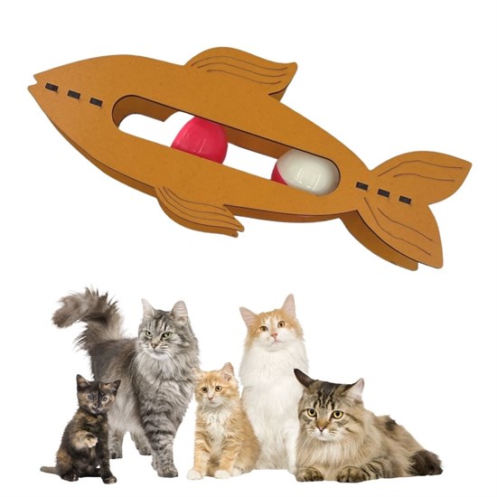 Wooden Fish Cat Toy with 2 Balls - Interactive Training Toy